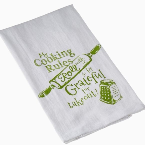 Kitchen Flour Sack Towel My Cooking Rules Grateful For Takeout Cotton White NWT - Picture 2 of 9